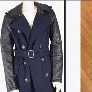 BCBG Max Azria Navy Wool & Leather Coat